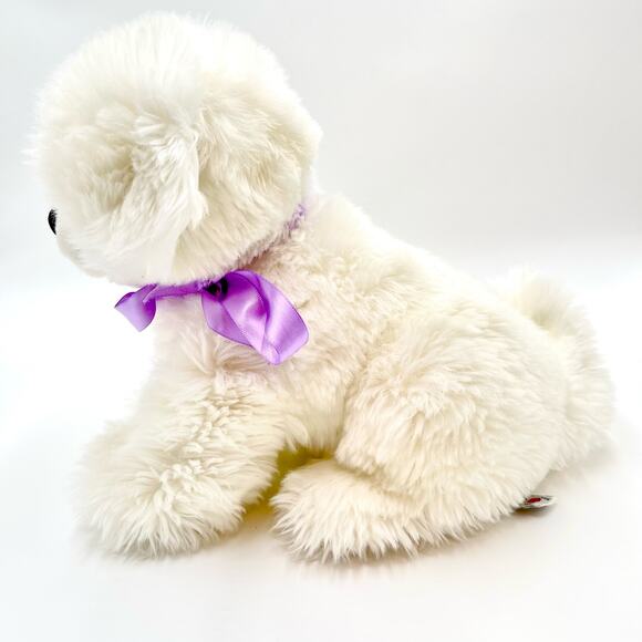 Aurora World White Fluffy Dog Plush Sitting Freckles Pink Tongue Purple Ribbon - Picture 3 of 10